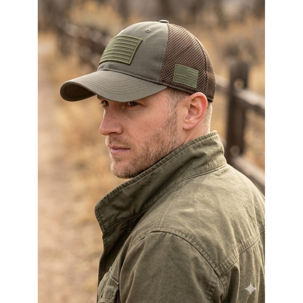 Olive Green American Flag Tactical Mesh Snapback Hat Trucker Cap